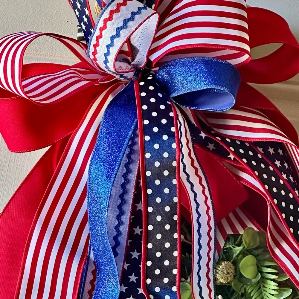 Patriotic Red, White, and Blue Holiday Bow; Custom Handmade Bow